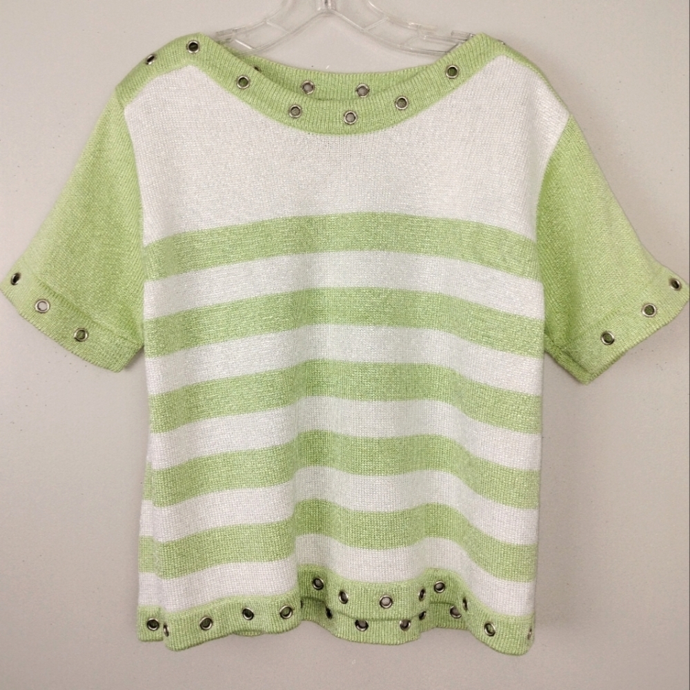 FIA Italian Handloomed Vintage Key Lime Striped Knit Top w/ eyelets Sz. M